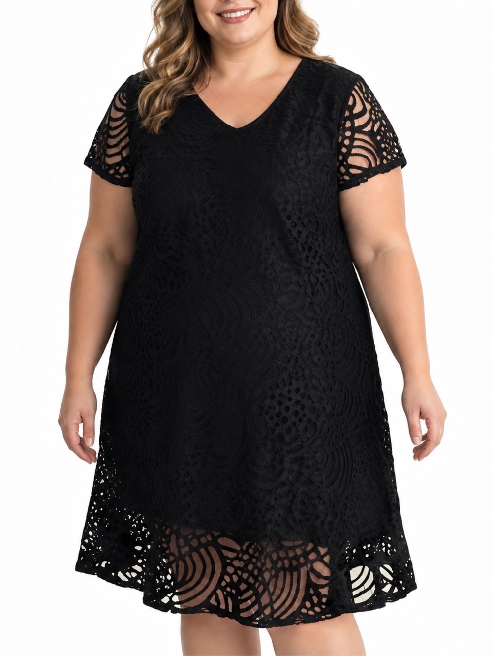 Black Lace V-Neck Dress with asymmetrical bottom and lace sleeves. 4X, 26/28W